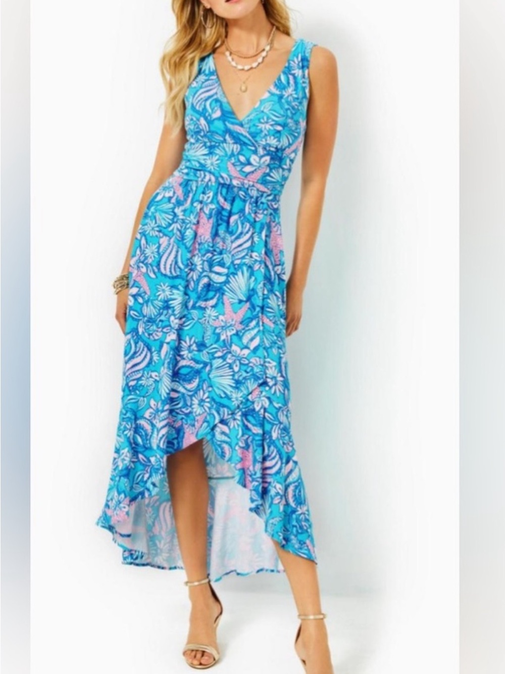 EUC like new Lilly Pulitzer Moana Blue Floral High-Low V-Neck Dress